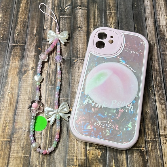 5for$10 Pink Peach Holographic Pink IPhone 12 Phone Case With Beaded Wristlet - Picture 6 of 6